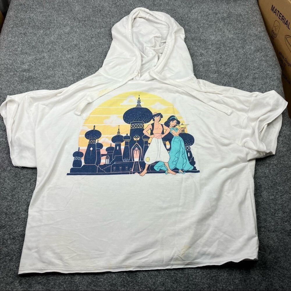 Disney‎ Hoodie Womens Size XL White Aladdin Jasmine Graphic Cropped Short Sleeve